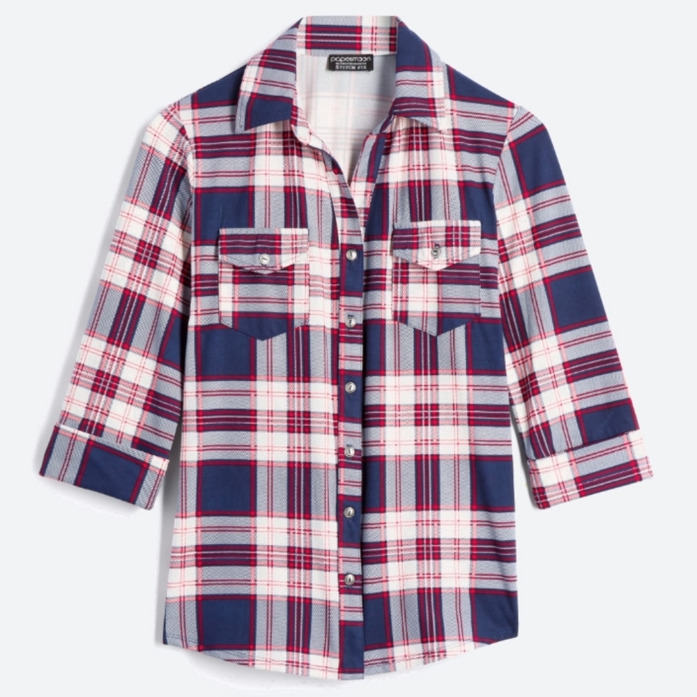 Papermoon Button Down Plaid Knit Top